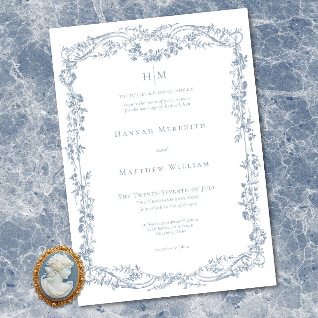 Classic Elegant Blue Delicate Floral Frame Wedding Einladung (Classic Elegant Blue Delicate Floral Frame Wedding Invitation)