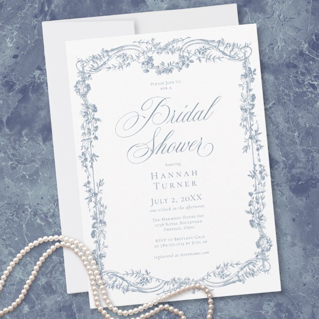 Classic Elegant Blue Floral Frame Bridal Shower Einladung (Classic Elegant Blue Floral Frame Bridal Shower Invitation)