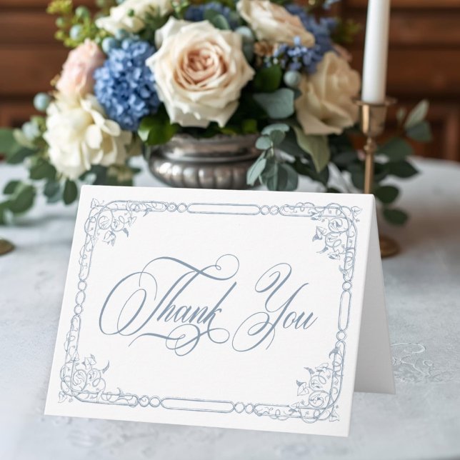 Classic Elegant Blue Floral Frame Photo Wedding Dankeskarte (Classic Elegant Blue Floral Frame Photo Wedding Thank You Card)