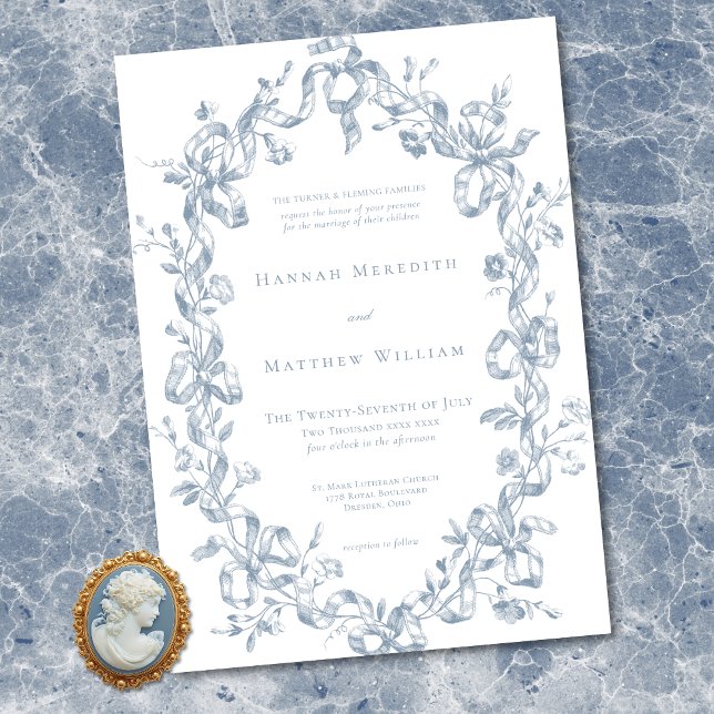 Classic Elegant Blue Oval Ribbon Frame Wedding Einladung (Classic Elegant Blue Oval Ribbon Frame Wedding Invitation)