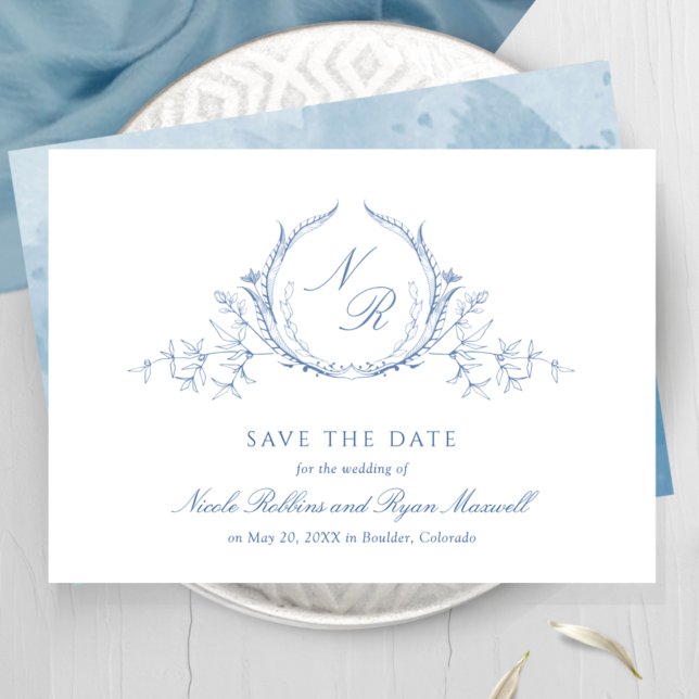 Classic, Elegant Blue Watercolor Monogram Wedding Save The Date (Von Creator hochgeladen)