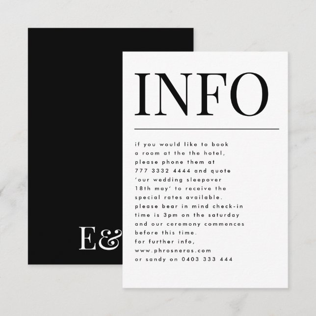 Classic Elegant Bold Big INFO Wedding Details Begleitkarte (Vorne/Hinten)