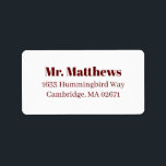 Classic Elegant burgundy Wedding Rücksendeadresse Adressaufkleber<br><div class="desc">Formal bordeauxrot und weiße Hochzeitsgeschenke zeichnen sich durch eine wunderschöne Typografie aus, die ein traditionelles, geblüht Kalligrafieschrift mit klassischer Blockschrift kombiniert.</div>