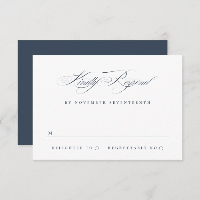 Classic Elegant Calligraphy Navy Blue Wedding RSVP Karte (Vorne/Hinten)