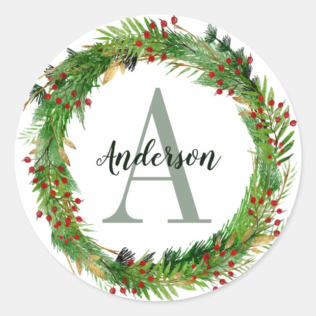 Classic Elegant Christmas Wreath Monogram Initial Runder Aufkleber (Vorderseite)