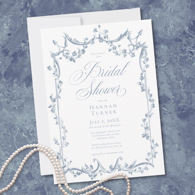 Classic Elegant Dusty Blue Delicate Floral Shower Einladung (Classic Elegant Dusty Blue Delicate Floral Shower Invitation)