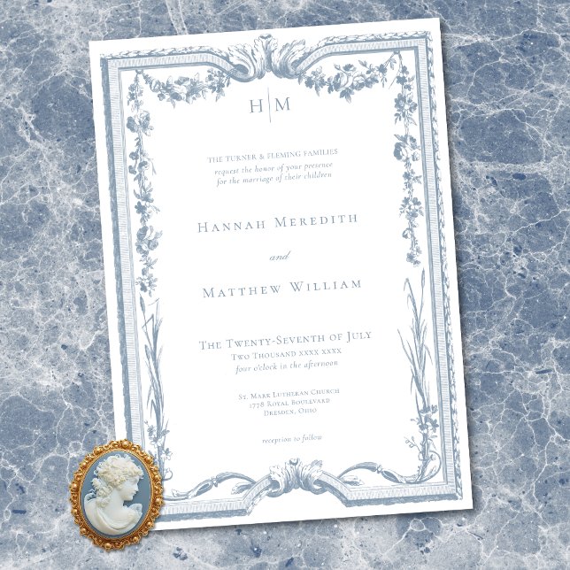 Classic Elegant Dusty Blue Floral Frame Wedding Einladung (Classic Elegant Dusty Blue Floral Frame Wedding Invitation)