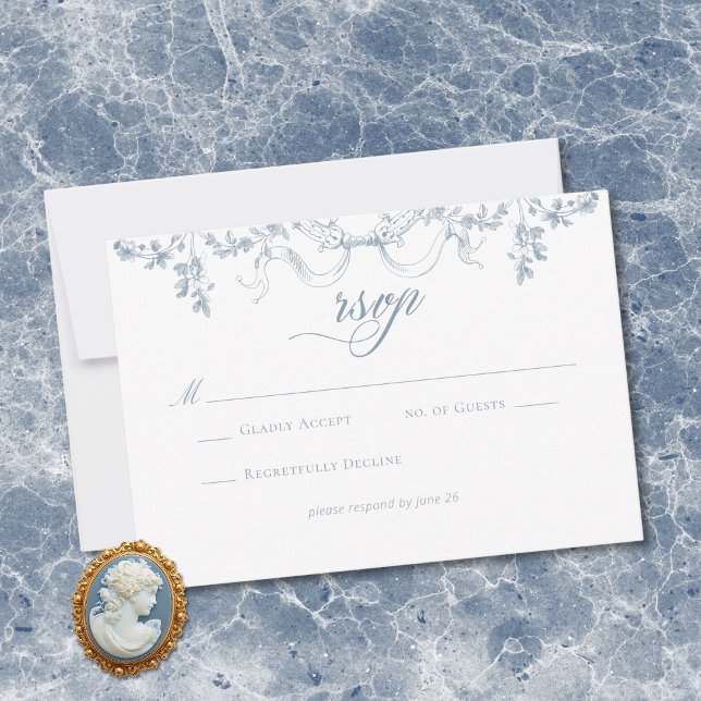 Classic Elegant Dusty Blue Floral Frame Wedding RSVP Karte (Classic Elegant Dusty Blue Floral Frame Wedding RSVP Card)