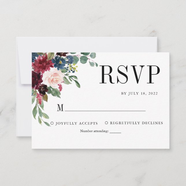 Classic Elegant Floral Burgundy Navy Blue Wedding RSVP Karte (Vorderseite)