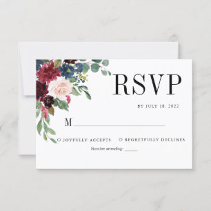 Classic Elegant Floral Burgundy Navy Blue Wedding RSVP Karte