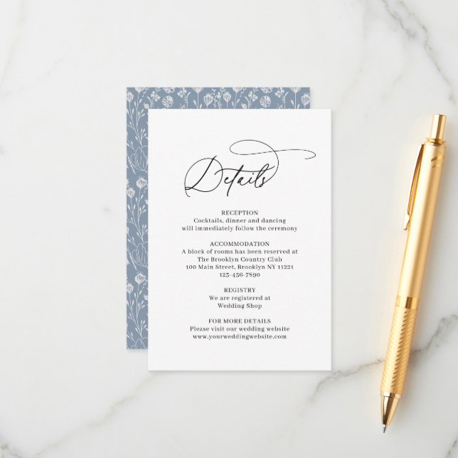 Classic Elegant Floral Dusty Blue Wedding Begleitkarte (Vorderseite/Rückseite Beispiel)