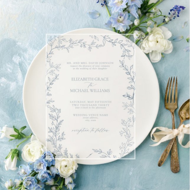 Classic Elegant Formal Dusty Blue Leafy Wedding Acryleinladungen (Von Creator hochgeladen)