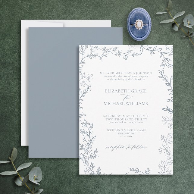 Classic Elegant Formal Dusty Blue Leafy Wedding Einladung (Von Creator hochgeladen)