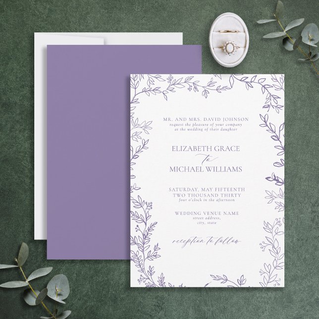 Classic Elegant Formal Lavender Leafy Wedding Einladung (Von Creator hochgeladen)