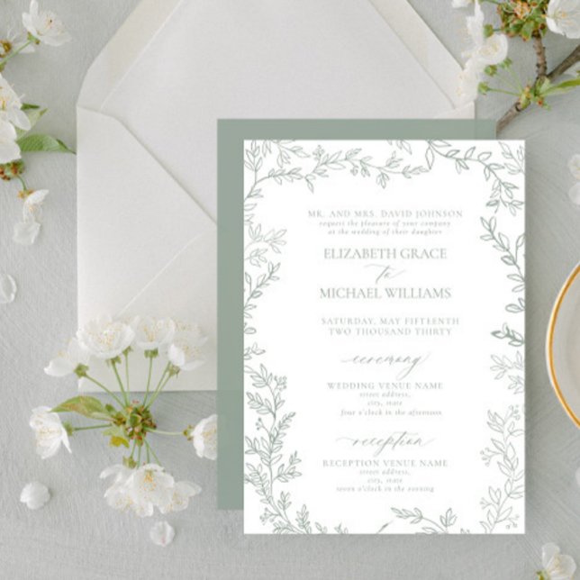 Classic Elegant Formal Sage Green Leafy Wedding Einladung (Von Creator hochgeladen)