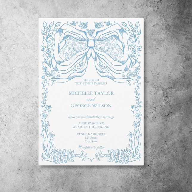 Classic Elegant French Blue Coquette Floral Bow Einladung (hand drawn bow floral french blue frame invitation)