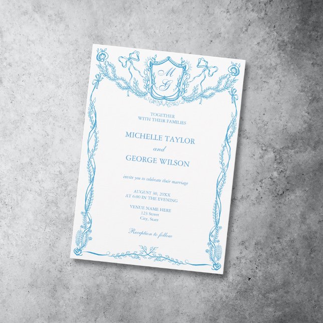 Classic Elegant French Blue Wappen Monogram Bow Einladung (Von Creator hochgeladen)