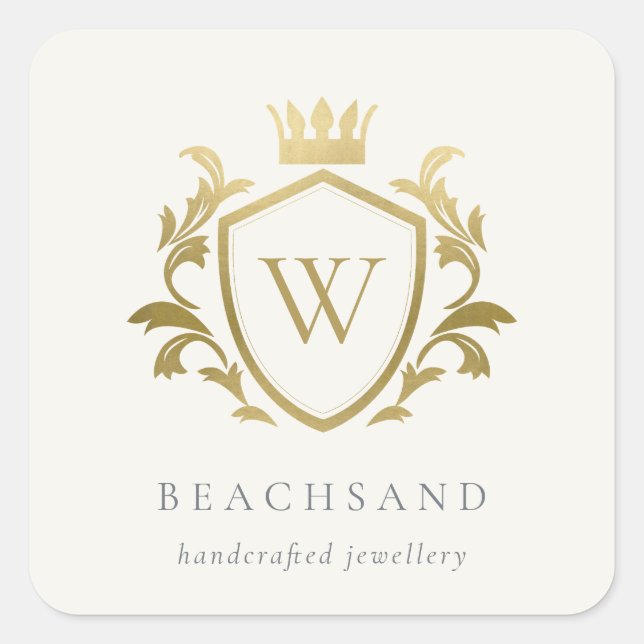 Classic Elegant Gold Monogram Floral Crown Wappen Quadratischer Aufkleber (Vorderseite)
