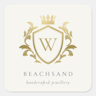 Classic Elegant Gold Monogram Floral Crown Wappen Quadratischer Aufkleber