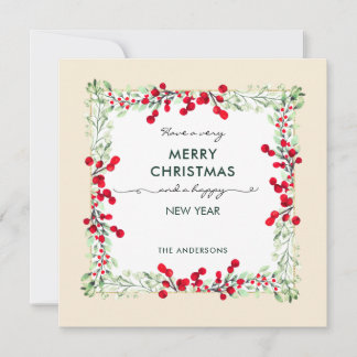 Classic Elegant Green Red Winter Foliage Weihnacht Feiertagskarte