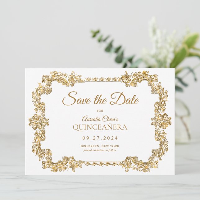 Classic Elegant Ivory White Gold Frame Quinceanera Ankündigung (Stehend Vorderseite)
