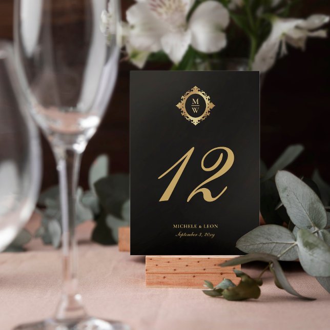 Classic Elegant Monogram Wedding Black Gold Tischnummer (Von Creator hochgeladen)