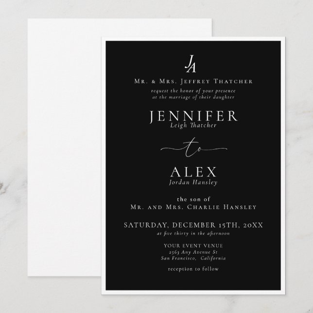 Classic Elegant Monogram Wedding Einladung (Vorne/Hinten)