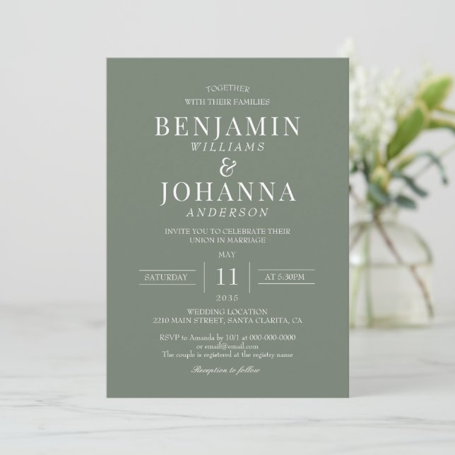 Classic Elegant Moss Green Wedding Einladung (Stehend Vorderseite)