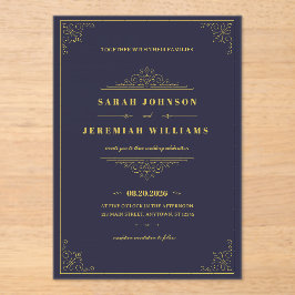 Classic Elegant navy-blue and Gold vintage Wedding Acryleinladungen