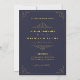 Classic Elegant navy-blue and Gold vintage Wedding Karte