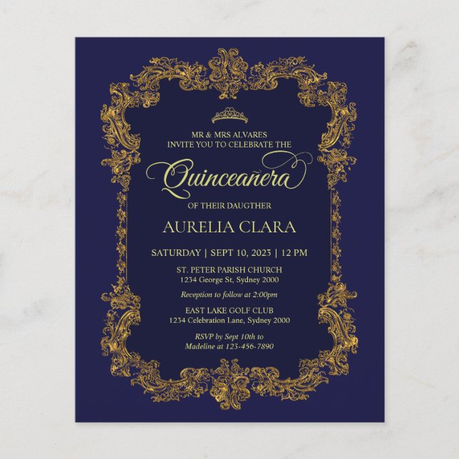 Classic Elegant Navy Blue Gold Quinceanera (Vorderseite)
