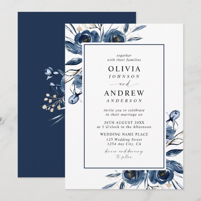 Classic Elegant Navy Blue Watercolor Wedding Einladung (Vorne/Hinten)