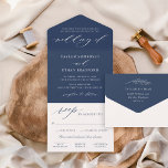Classic Elegant Navy Blue Wedding All In One Einladung<br><div class="desc">Klassisches und elegantes Marineblau in einer Hochzeitseinladung ist eine einmalige Dreifach-Einladungs-Option, die sich selbst eingeschlossen, verschlossen und mit einer abnehmbaren UAWG-Postkarte an die Gäste verschickt, ohne Umschläge zu benötigen! Das Design zeichnet sich durch moderne Akzente in der Kalligraphie mit klassischer Typografie aus. Die Gastadresse kann auf der Rückseite eingeschlossen werden...</div>