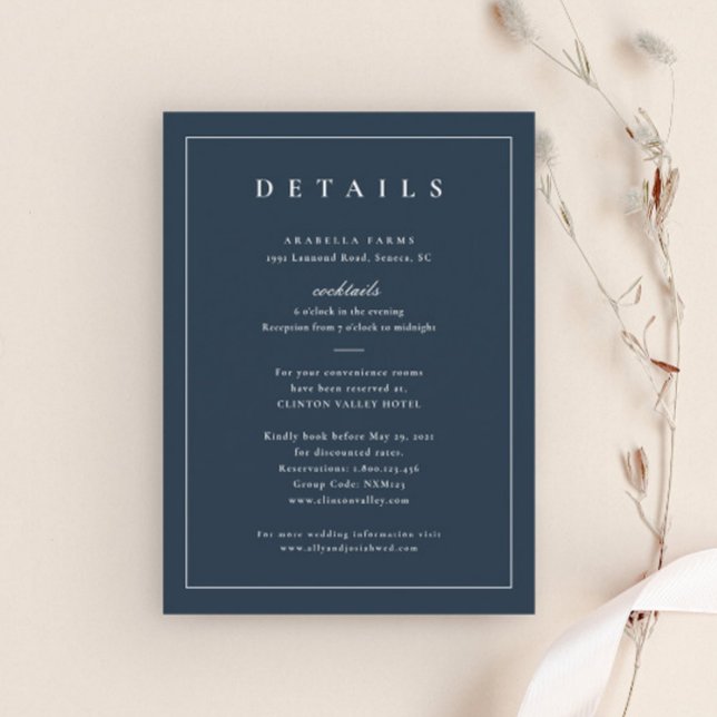 Classic Elegant Navy Blue Wedding Details Begleitkarte (Simple Navy Blue Wedding Details Enclosure Cards.)