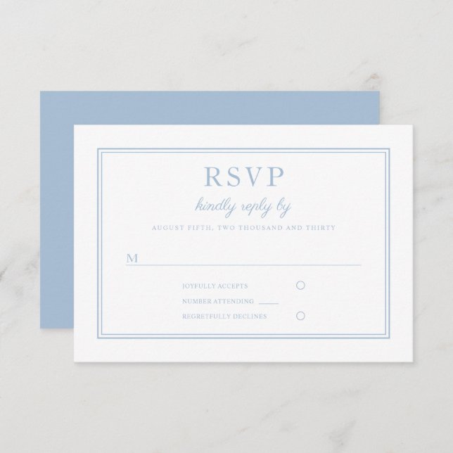 Classic Elegant Powder Blue Script Wedding RSVP Karte (Vorne/Hinten)