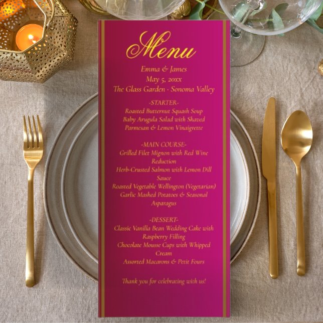 Classic & Elegant Red and Gold Wedding Menu Card Menükarte (Von Creator hochgeladen)
