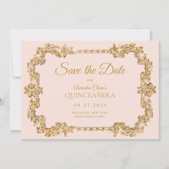 Classic Elegant Rosa Gold Frame Quinceanera Ankündigung (Vorderseite)