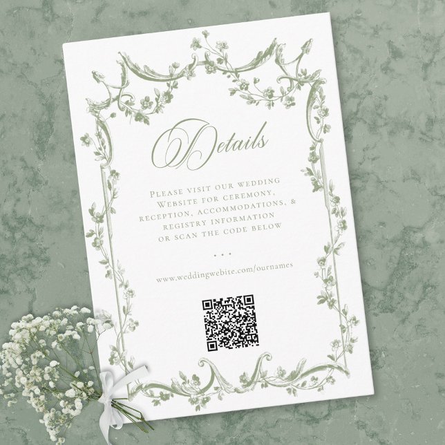Classic Elegant Sage Green Floral Frame Wedding QR Begleitkarte (Classic Elegant Sage Green Floral Frame Wedding QR Enclosure Card)