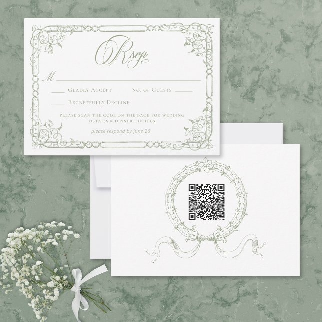 Classic Elegant Sage Green Floral Frame Wedding QR RSVP Karte (Classic Elegant Sage Green Floral Frame Wedding QR RSVP Card)
