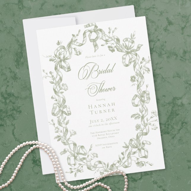 Classic Elegant Sage Oval Ribbon Bridal Shower Einladung (Classic Elegant Sage Oval Ribbon Bridal Shower Invitation)