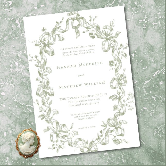 Classic Elegant Sage Oval Ribbon Frame Wedding Einladung (Classic Elegant Sage Oval Ribbon Frame Wedding Invitation)