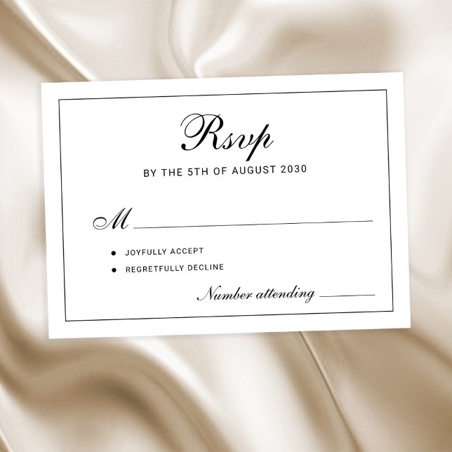 Classic elegant script black and white wedding RSVP karte (Von Creator hochgeladen)