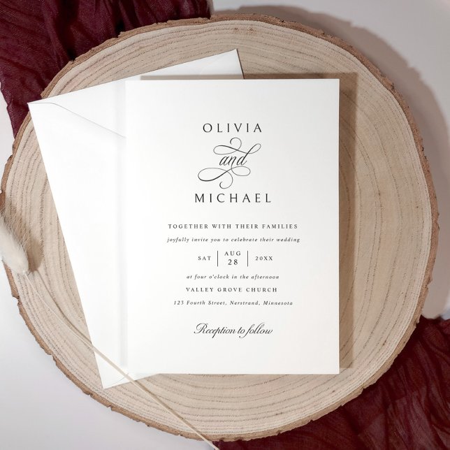 Classic Elegant Simple Calligraphy Wedding Einladung (Simple black and white wedding invitation with elegant classic calligraphy script.)