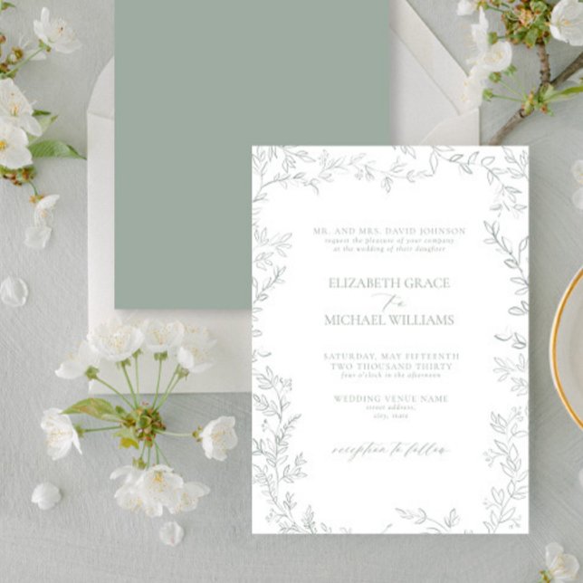 Classic Elegant Simple Leaf Sage Green Wedding Einladung (Von Creator hochgeladen)