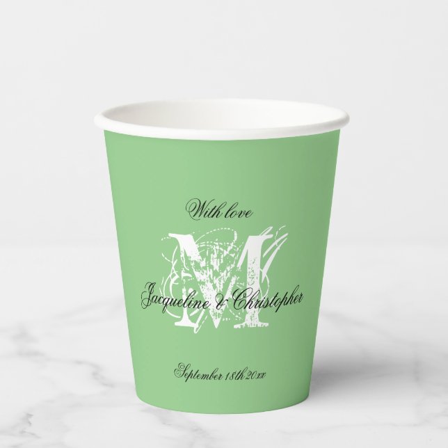 Classic Elegant Wedding Monogram Names Mint Green Pappbecher (Vorderseite)