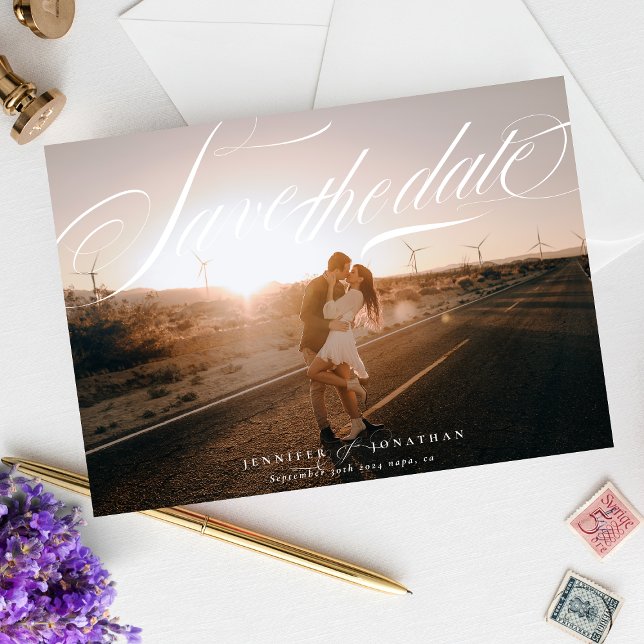 Classic Elegant White Calligraphy QR Code Foto Save The Date (Von Creator hochgeladen)