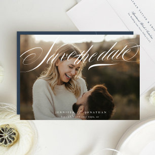 Classic Elegant White Navy Blue Calligraphy Foto Save The Date