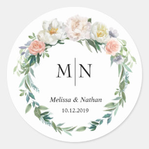 Classic Elegant Wreath Wedding Monogram Stickers