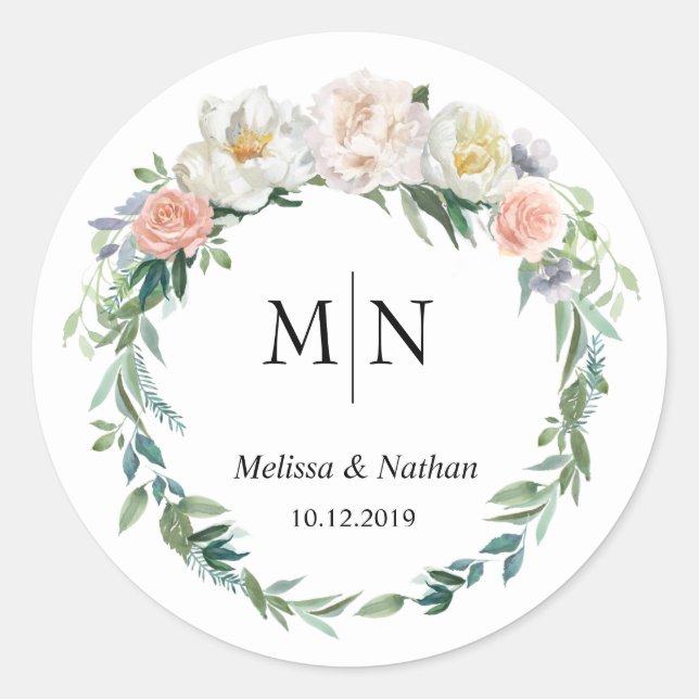 Classic Elegant Wreath Wedding Monogram Stickers (Vorderseite)