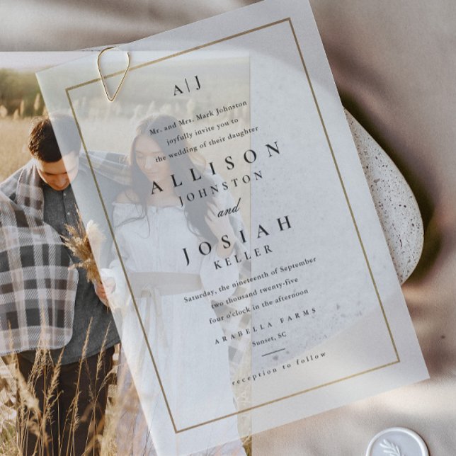 Classic Elegante Gold Foto Overlay Wedding (Elegant Type Gold Frame Vellum Wedding Invitations. Pair with your favorite photo or use on its own.)